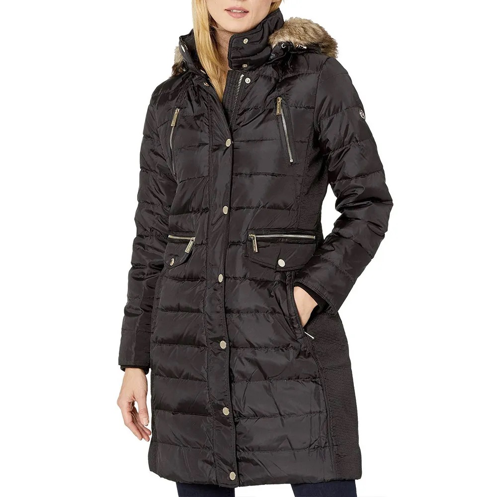 Michael Kors Black Down Long Puffer Coat Gold Accents Removable Faux Fur Hood